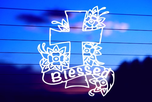 CROSS WITH BLESSED IN BANNER CAR DECAL STICKER