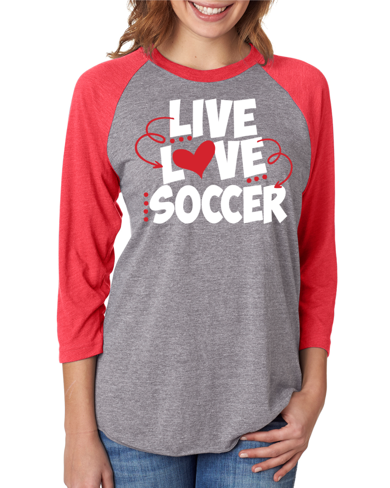 Live, Love, Soccer Next Level Unisex Triblend 3/4-Sleeve Raglan T-Shirt